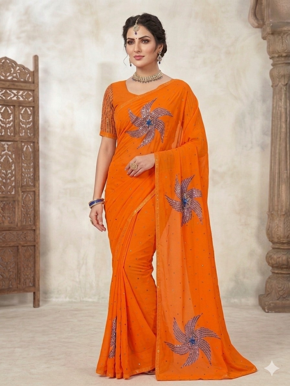 Elegant Orange Embellished Women's Saree